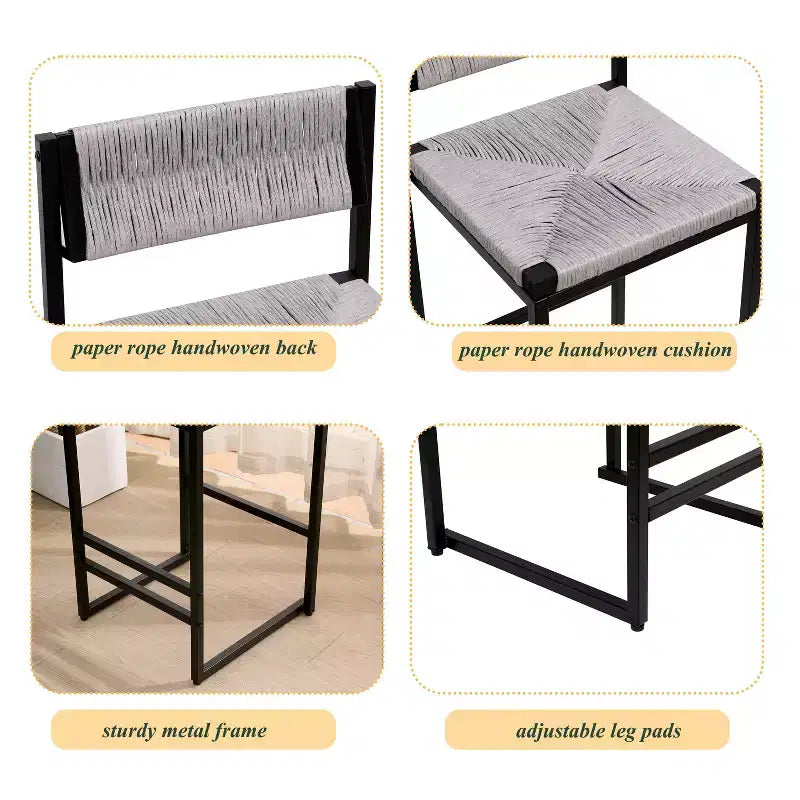TUYOHW Taburetes de Bar Modernos de Cuerda de Papel Tejida, Juego de 2, Sillas de Bar de Altura de Mostrador con Estructura Metálica y Reposapiés, Sillas de Comedor para Cocina, Bar del Hogar
