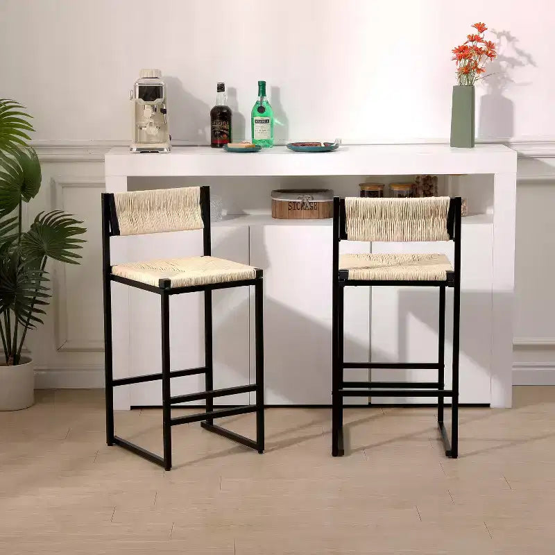 TUYOHW Modern Woven Paper Rope Bar Stools Set of 2,Counter Height Bar Chairs with Metal Frame & Footrest,Dining Chairs for Kitchen,Home Bar