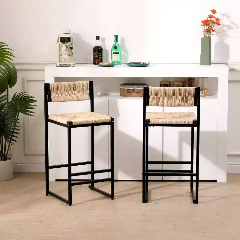 TUYOHW Taburetes de Bar Modernos de Cuerda de Papel Tejida, Juego de 2, Sillas de Bar de Altura de Mostrador con Estructura Metálica y Reposapiés, Sillas de Comedor para Cocina, Bar del Hogar