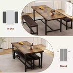 Juego de mesa de comedor de 3 piezas para 4-6 personas, mesa de cocina extensible de 160 cm y juego de bancos con estructura de metal, 2 bancos tapizados, gris retro