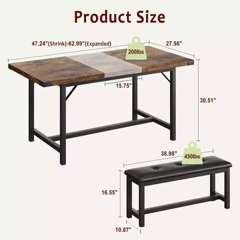 Juego de mesa de comedor de 3 piezas para 4-6 personas, mesa de cocina extensible de 160 cm y juego de bancos con estructura de metal, 2 bancos tapizados, gris retro