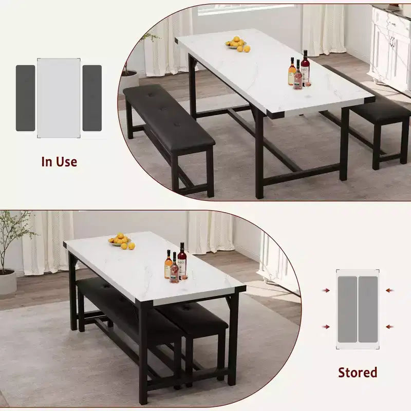 Juego de mesa de comedor de 3 piezas para 4-6 personas, mesa de cocina extensible de 160 cm y juego de bancos con estructura de metal, 2 bancos tapizados, gris retro
