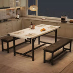 Juego de mesa de comedor de 3 piezas para 4-6 personas, mesa de cocina extensible de 160 cm y juego de bancos con estructura de metal, 2 bancos tapizados, gris retro