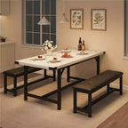 Juego de mesa de comedor de 3 piezas para 4-6 personas, mesa de cocina extensible de 160 cm y juego de bancos con estructura de metal, 2 bancos tapizados, gris retro