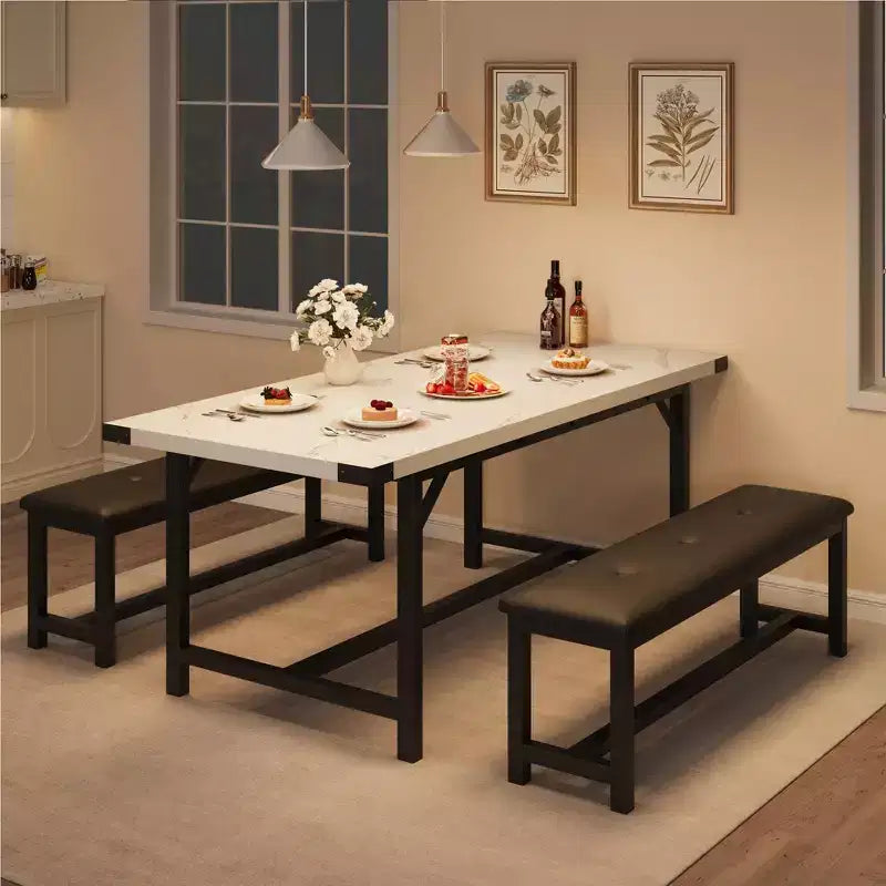 Juego de mesa de comedor de 3 piezas para 4-6 personas, mesa de cocina extensible de 160 cm y juego de bancos con estructura de metal, 2 bancos tapizados, gris retro