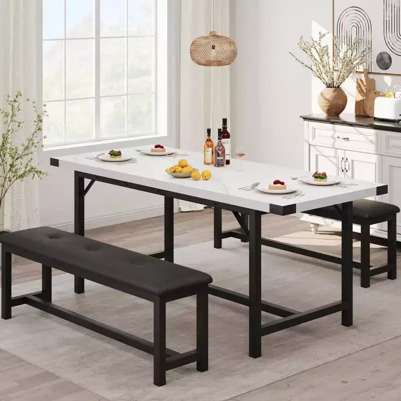 Juego de mesa de comedor de 3 piezas para 4-6 personas, mesa de cocina extensible de 160 cm y juego de bancos con estructura de metal, 2 bancos tapizados, gris retro