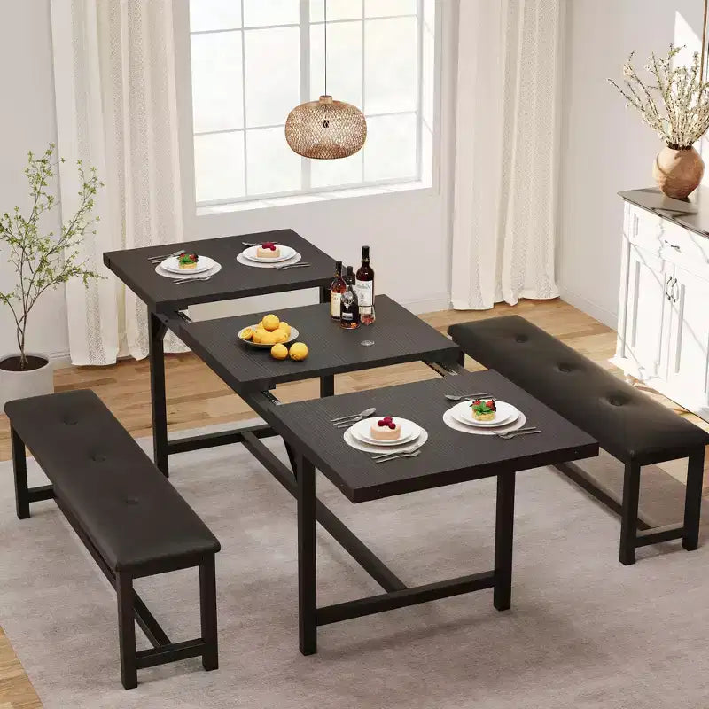 Juego de mesa de comedor de 3 piezas para 4-6 personas, mesa de cocina extensible de 160 cm y juego de bancos con estructura de metal, 2 bancos tapizados, gris retro