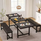 Juego de mesa de comedor de 3 piezas para 4-6 personas, mesa de cocina extensible de 160 cm y juego de bancos con estructura de metal, 2 bancos tapizados, gris retro
