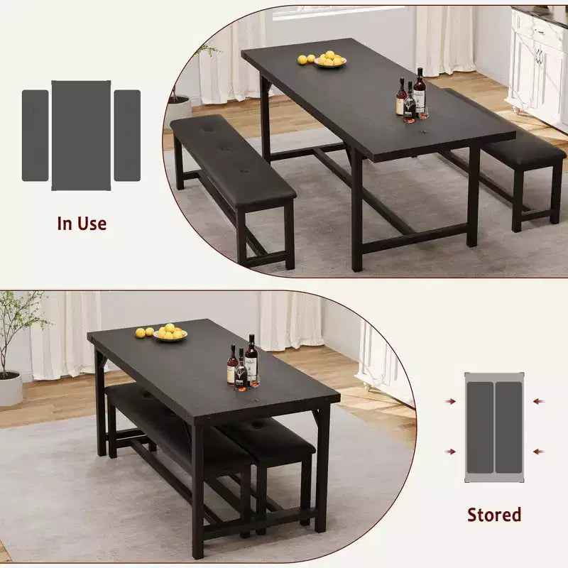 Juego de mesa de comedor de 3 piezas para 4-6 personas, mesa de cocina extensible de 160 cm y juego de bancos con estructura de metal, 2 bancos tapizados, gris retro