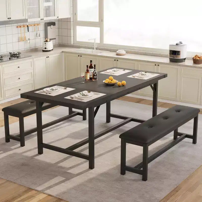 Juego de mesa de comedor de 3 piezas para 4-6 personas, mesa de cocina extensible de 160 cm y juego de bancos con estructura de metal, 2 bancos tapizados, gris retro