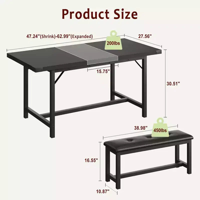 Juego de mesa de comedor de 3 piezas para 4-6 personas, mesa de cocina extensible de 160 cm y juego de bancos con estructura de metal, 2 bancos tapizados, gris retro