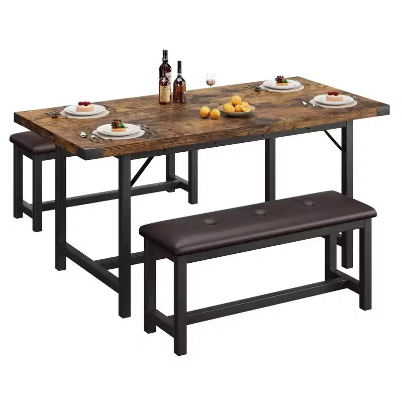 Juego de mesa de comedor de 3 piezas para 4-6 personas, mesa de cocina extensible de 160 cm y juego de bancos con estructura de metal, 2 bancos tapizados, gris retro