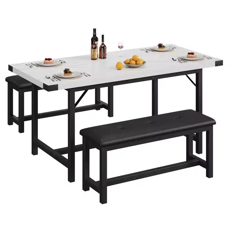 Juego de mesa de comedor de 3 piezas para 4-6 personas, mesa de cocina extensible de 160 cm y juego de bancos con estructura de metal, 2 bancos tapizados, gris retro