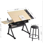 Mesa de Dibujo de Altura Ajustable con Inclinación de 0-75, Mesa de Arte para Adultos, con Dos Cajones de Almacenamiento y un Taburete, Mesa de Arte, Mesa de Dibujo para Pintores, Roble Blanco