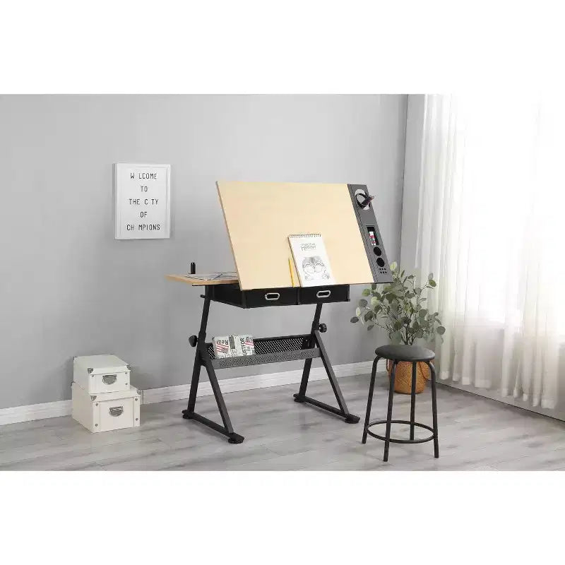Mesa de Dibujo de Altura Ajustable con Inclinación de 0-75, Mesa de Arte para Adultos, con Dos Cajones de Almacenamiento y un Taburete, Mesa de Arte, Mesa de Dibujo para Pintores, Roble Blanco