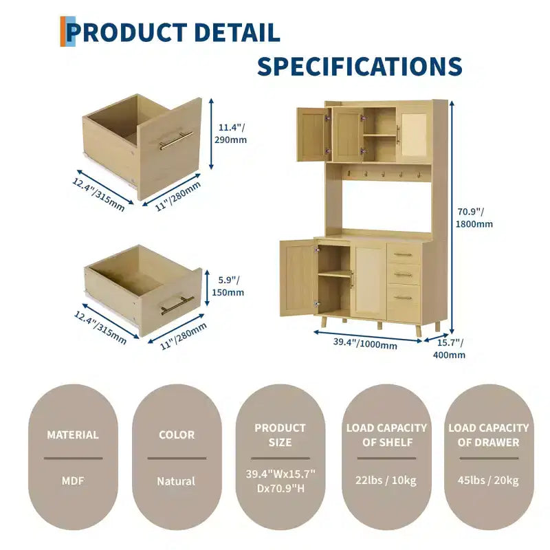Mueble alacena de cocina de ratán de 71", bufé con soporte para microondas, estantes ajustables y 6 ganchos, color natural