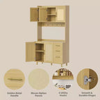 Mueble alacena de cocina de ratán de 71", bufé con soporte para microondas, estantes ajustables y 6 ganchos, color natural