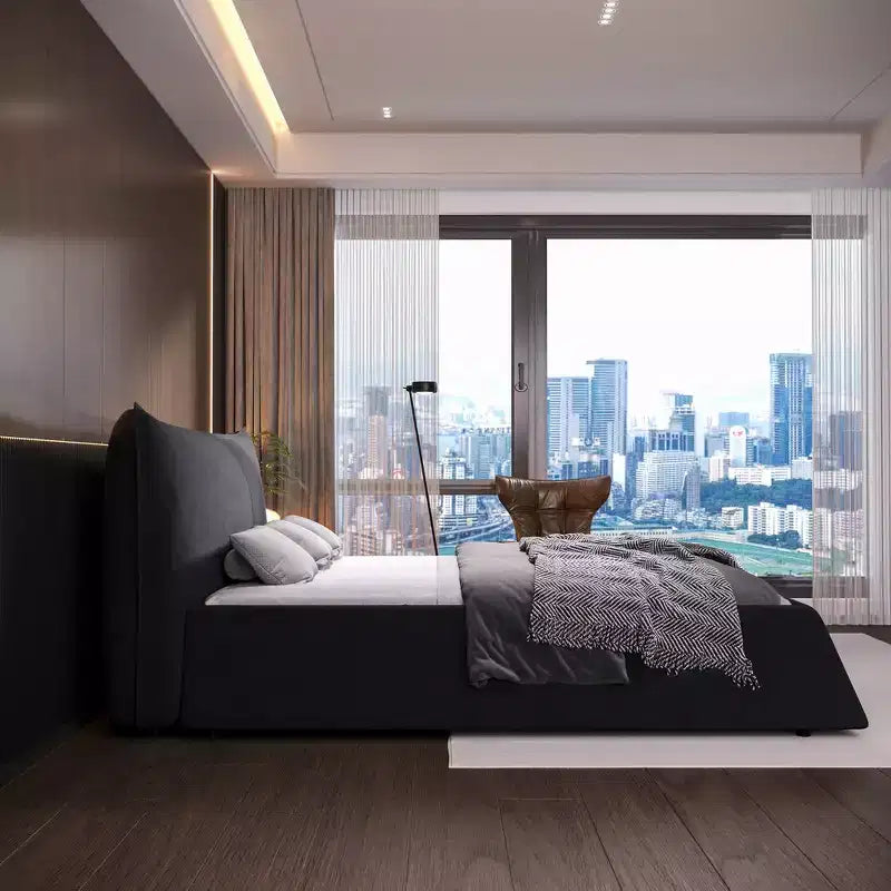 Cama de plataforma tapizada tamaño King Whisen, armazón de cama de metal y madera maciza con cabecera de terciopelo con forma especial
