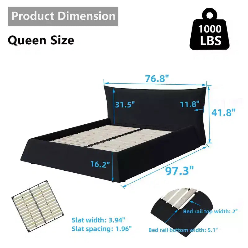 Cama de plataforma tapizada tamaño King Whisen, armazón de cama de metal y madera maciza con cabecera de terciopelo con forma especial