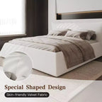 Cama de plataforma tapizada tamaño King Whisen, armazón de cama de metal y madera maciza con cabecera de terciopelo con forma especial