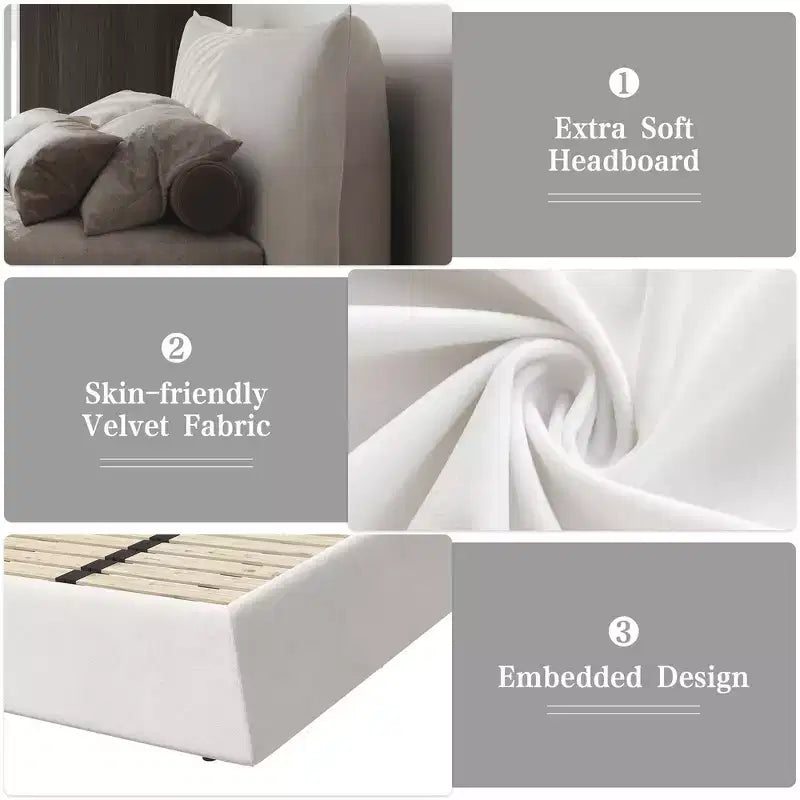 Cama de plataforma tapizada tamaño King Whisen, armazón de cama de metal y madera maciza con cabecera de terciopelo con forma especial