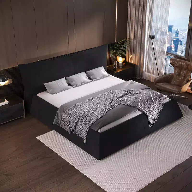 Cama de plataforma tapizada tamaño King Whisen, armazón de cama de metal y madera maciza con cabecera de terciopelo con forma especial