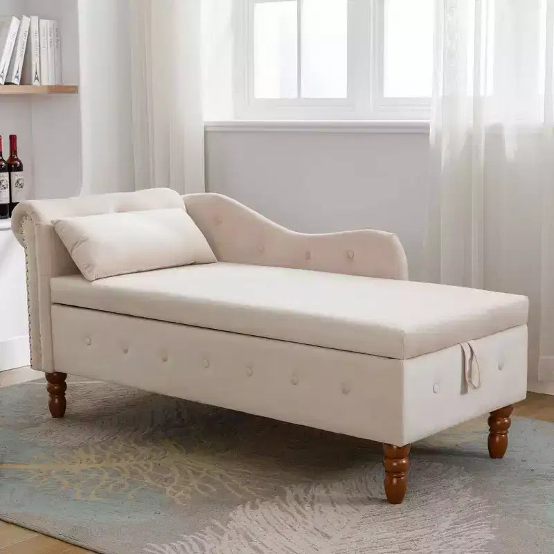 MAYEERTY Tumbona de terciopelo, almohada de almacenamiento, ribete de tachuelas, brazo enrollado, sala de estar, dormitorio, oficina, beige