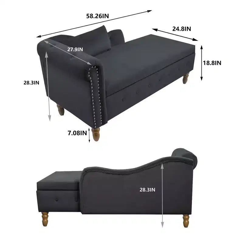 MAYEERTY Tumbona de terciopelo, almohada de almacenamiento, ribete de tachuelas, brazo enrollado, sala de estar, dormitorio, oficina, beige