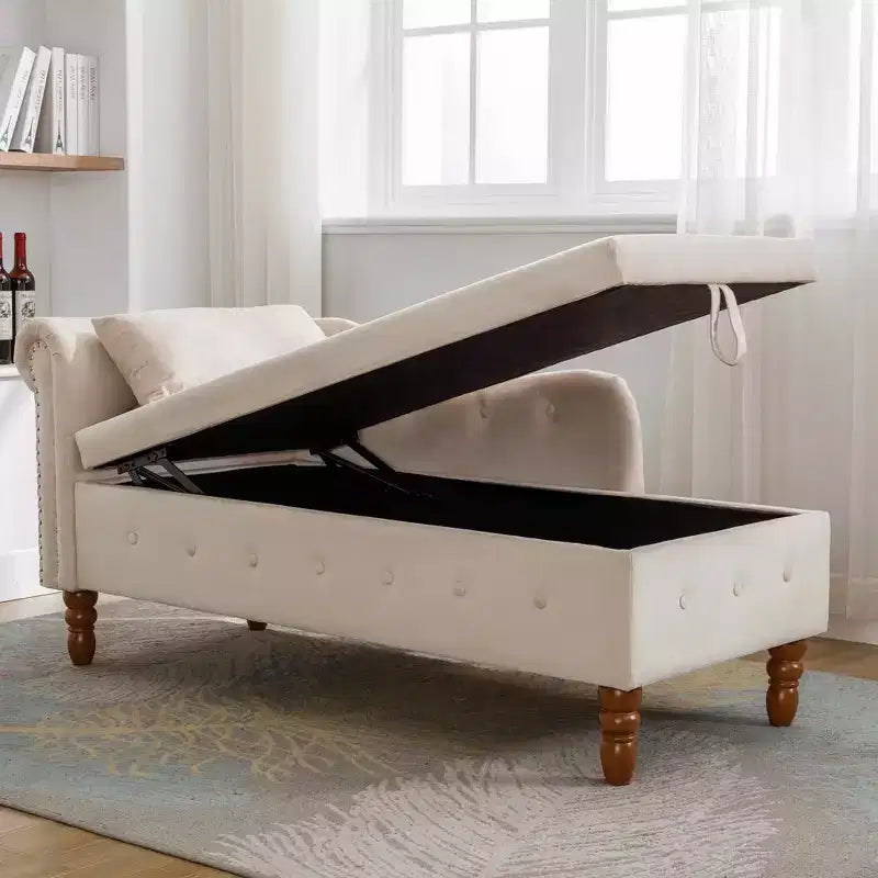 MAYEERTY Tumbona de terciopelo, almohada de almacenamiento, ribete de tachuelas, brazo enrollado, sala de estar, dormitorio, oficina, beige