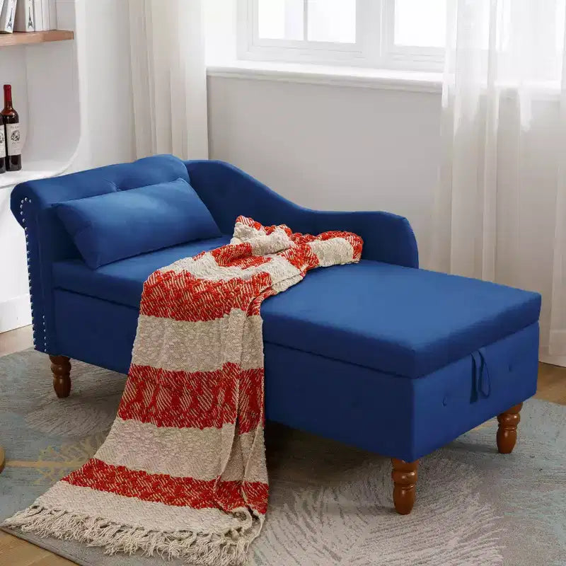 MAYEERTY Tumbona de terciopelo, almohada de almacenamiento, ribete de tachuelas, brazo enrollado, sala de estar, dormitorio, oficina, beige