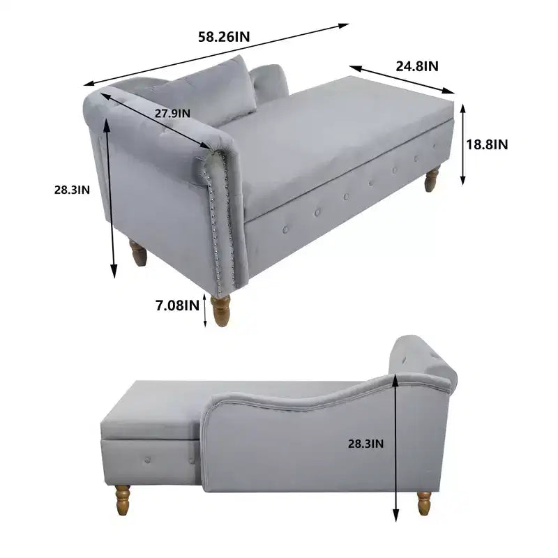 MAYEERTY Tumbona de terciopelo, almohada de almacenamiento, ribete de tachuelas, brazo enrollado, sala de estar, dormitorio, oficina, beige