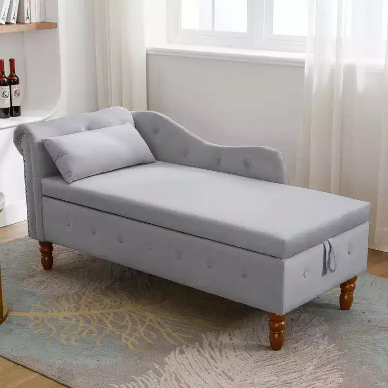 MAYEERTY Tumbona de terciopelo, almohada de almacenamiento, ribete de tachuelas, brazo enrollado, sala de estar, dormitorio, oficina, beige