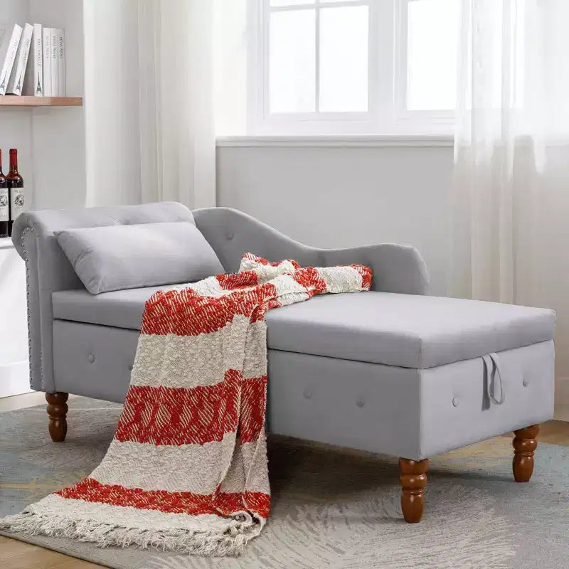 MAYEERTY Tumbona de terciopelo, almohada de almacenamiento, ribete de tachuelas, brazo enrollado, sala de estar, dormitorio, oficina, beige