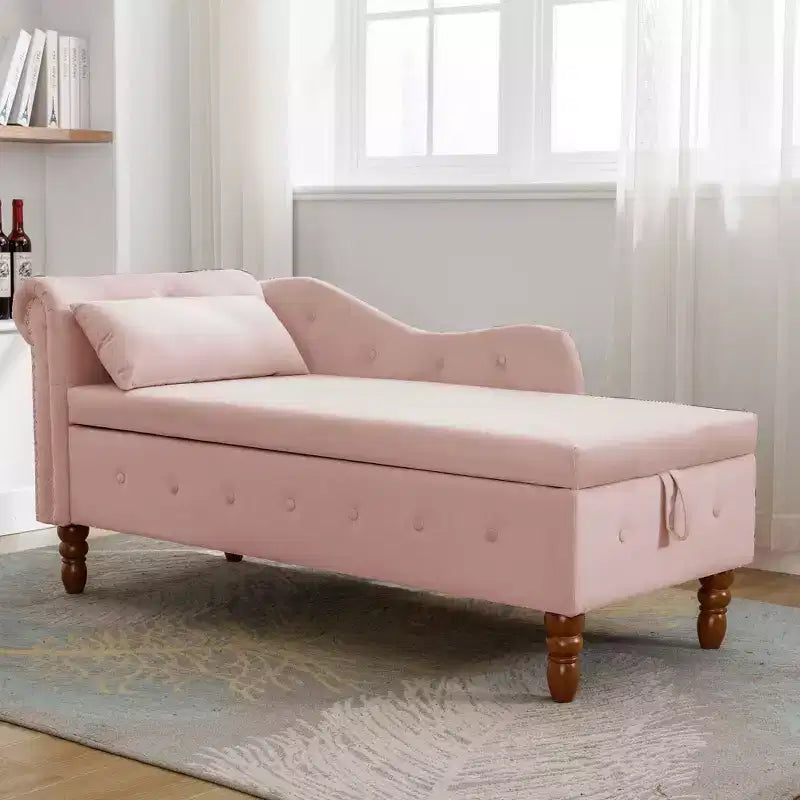 MAYEERTY Tumbona de terciopelo, almohada de almacenamiento, ribete de tachuelas, brazo enrollado, sala de estar, dormitorio, oficina, beige