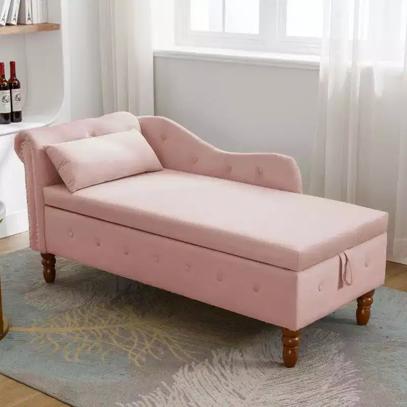 MAYEERTY Tumbona de terciopelo, almohada de almacenamiento, ribete de tachuelas, brazo enrollado, sala de estar, dormitorio, oficina, beige