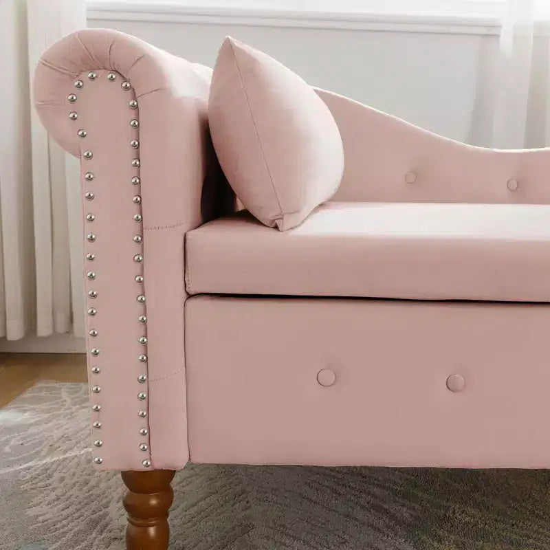 MAYEERTY Tumbona de terciopelo, almohada de almacenamiento, ribete de tachuelas, brazo enrollado, sala de estar, dormitorio, oficina, beige