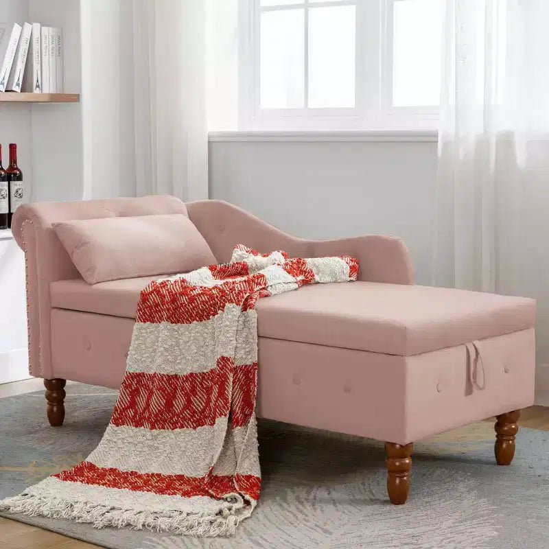 MAYEERTY Tumbona de terciopelo, almohada de almacenamiento, ribete de tachuelas, brazo enrollado, sala de estar, dormitorio, oficina, beige