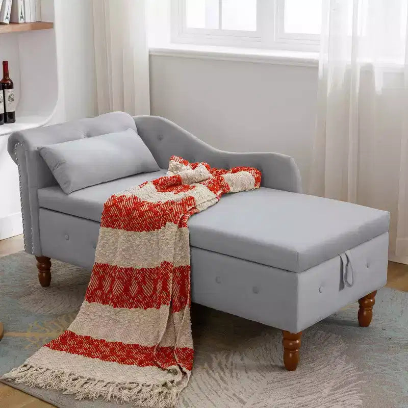 MAYEERTY Tumbona de terciopelo, almohada de almacenamiento, ribete de tachuelas, brazo enrollado, sala de estar, dormitorio, oficina, beige