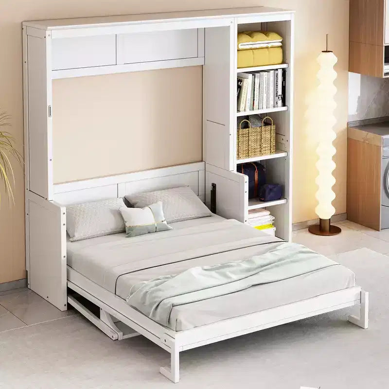 Cama de pared de madera de pino macizo con escritorio y estantería que ahorra espacio, modelo Ruby de GDFStudio