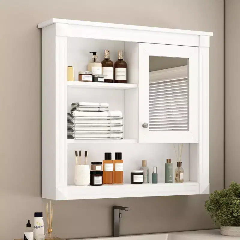 Botiquín de MDF rectangular FAMYYT de 32 pulg. de ancho x 28 pulg. de alto con espejo, 5 estantes extraíbles y bisagras de cierre suave