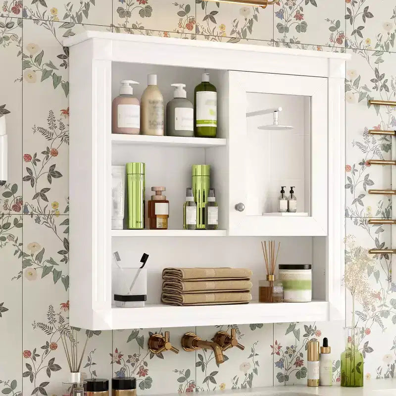 Botiquín de MDF rectangular FAMYYT de 32 pulg. de ancho x 28 pulg. de alto con espejo, 5 estantes extraíbles y bisagras de cierre suave