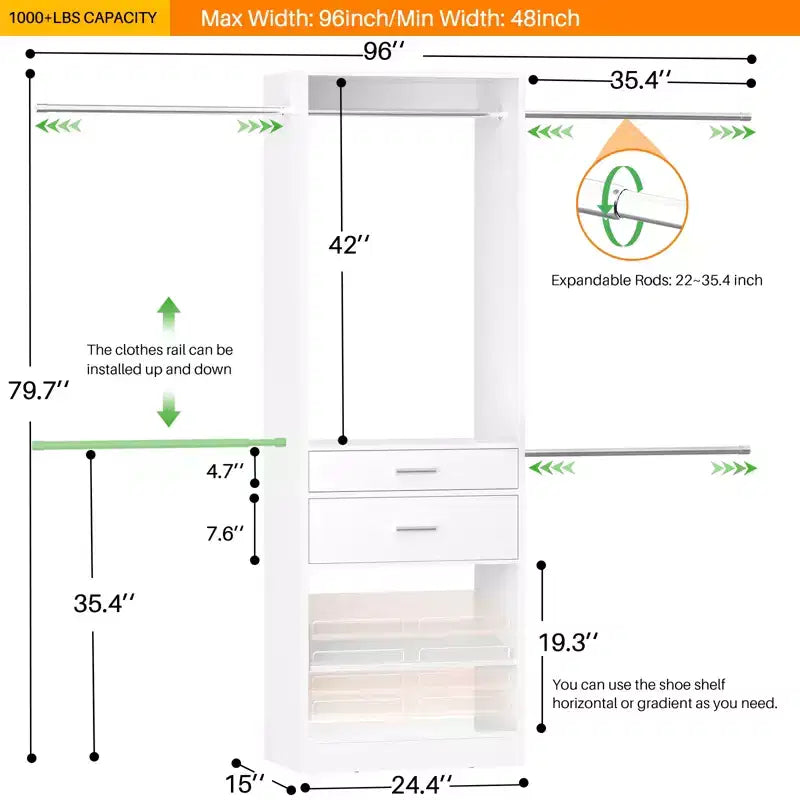 Sistema de Armario Besiost con 2 Cajones de Madera y Zapatero Ajustable