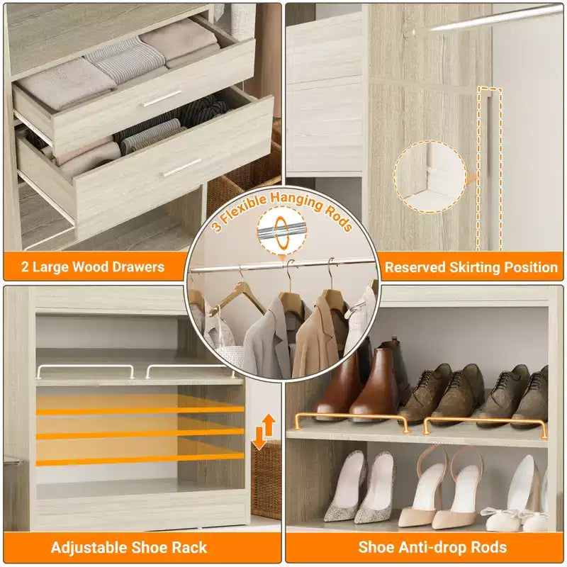 Sistema de Armario Besiost con 2 Cajones de Madera y Zapatero Ajustable