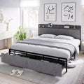 King Size Bed Frame with 2 Storage Drawers and USB Ports, Modern Platform Bed with Upholstered Shelf Headboard, Sturdy, Noise Free, Gray