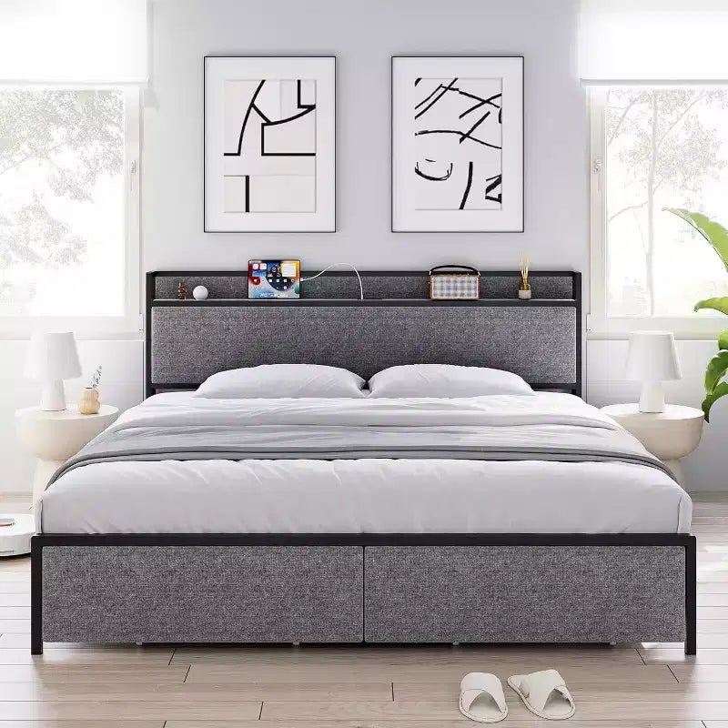 Estructura de Cama King Size con 2 Cajones de Almacenamiento y Puertos USB, Cama Moderna Tipo Plataforma con Cabecero Tapizado con Estante, Robusta, Silenciosa, Gris