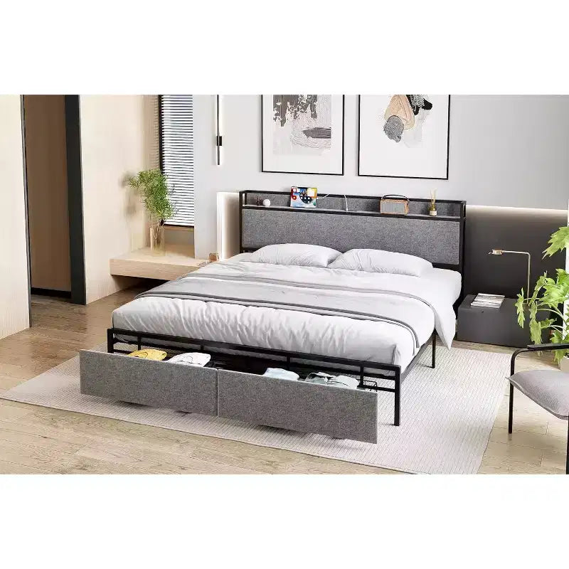 Estructura de Cama King Size con 2 Cajones de Almacenamiento y Puertos USB, Cama Moderna Tipo Plataforma con Cabecero Tapizado con Estante, Robusta, Silenciosa, Gris