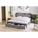 Estructura de Cama King Size con 2 Cajones de Almacenamiento y Puertos USB, Cama Moderna Tipo Plataforma con Cabecero Tapizado con Estante, Robusta, Silenciosa, Gris