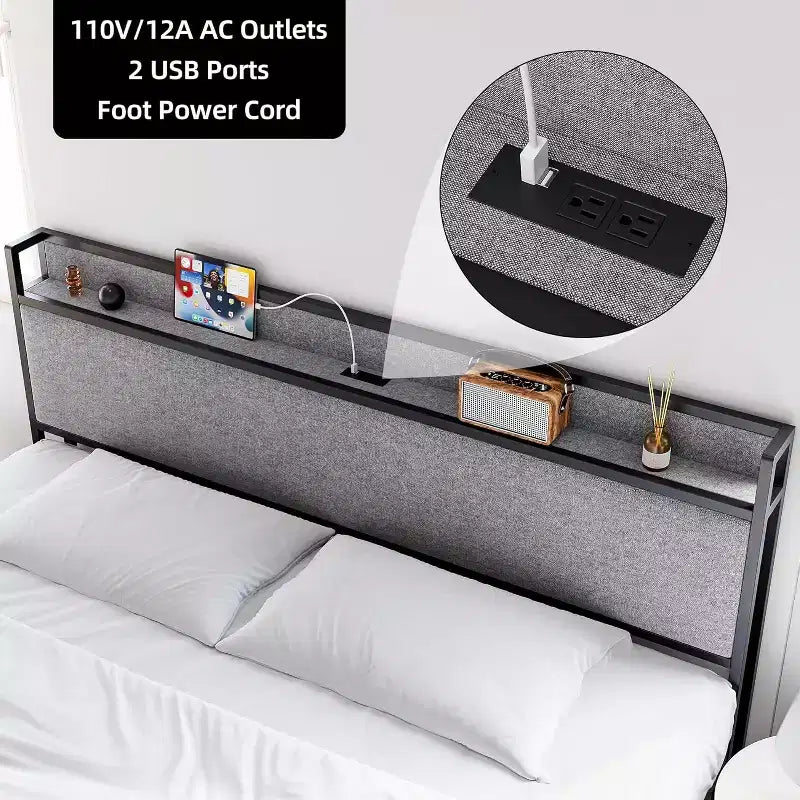 Estructura de Cama King Size con 2 Cajones de Almacenamiento y Puertos USB, Cama Moderna Tipo Plataforma con Cabecero Tapizado con Estante, Robusta, Silenciosa, Gris