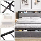 Estructura de Cama King Size con 2 Cajones de Almacenamiento y Puertos USB, Cama Moderna Tipo Plataforma con Cabecero Tapizado con Estante, Robusta, Silenciosa, Gris