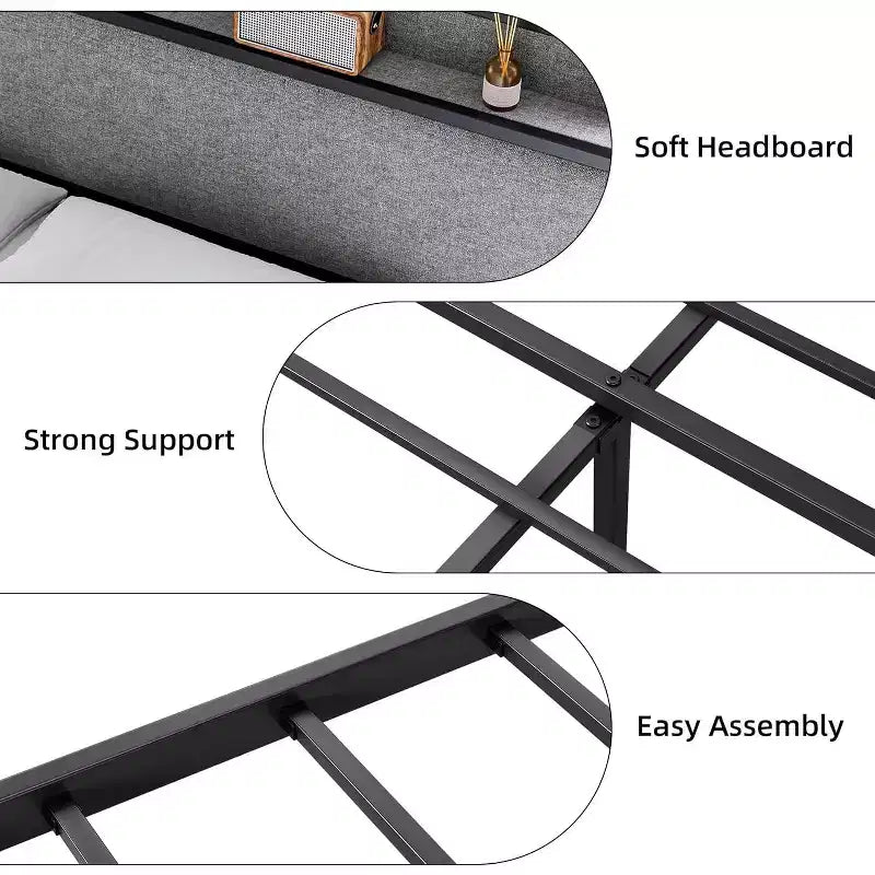 Estructura de Cama King Size con 2 Cajones de Almacenamiento y Puertos USB, Cama Moderna Tipo Plataforma con Cabecero Tapizado con Estante, Robusta, Silenciosa, Gris